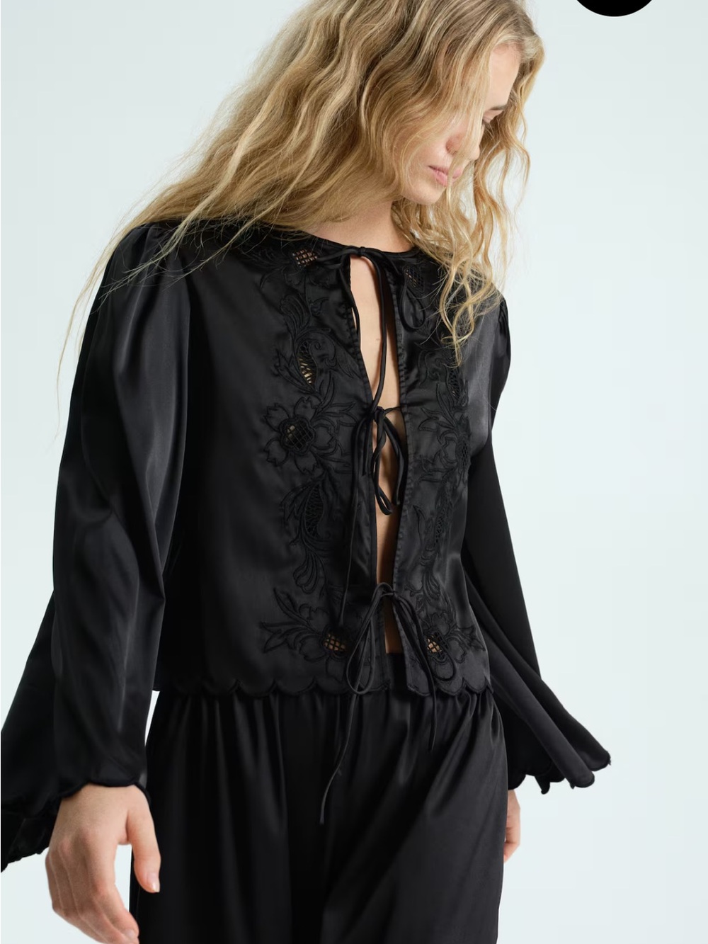 H&M Black Embroidered Tie-Front Sleep Top